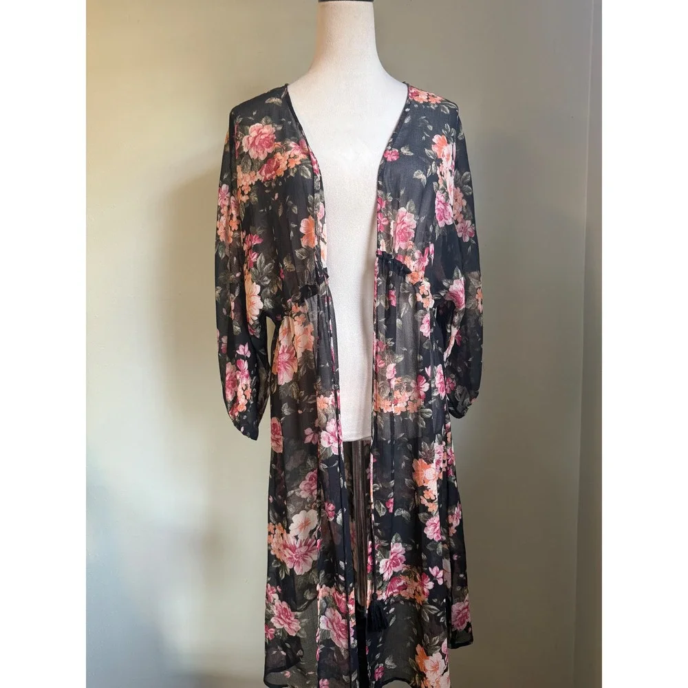 AmericanEagle Floral Kimono Duster Black Pink Sheer whimsigoth Coverup XS S boho